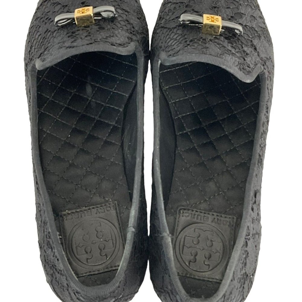 Tory Burch Shoes Womens Sz 6.5 Blk Chandra Loafer Satin + Fabric Lace Flat - Picture 6 of 16